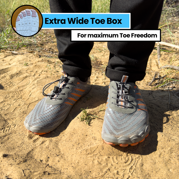 Barefoot walking shoes, lightweight, wide toe box, flexible sole, promoting natural foot mechanics.