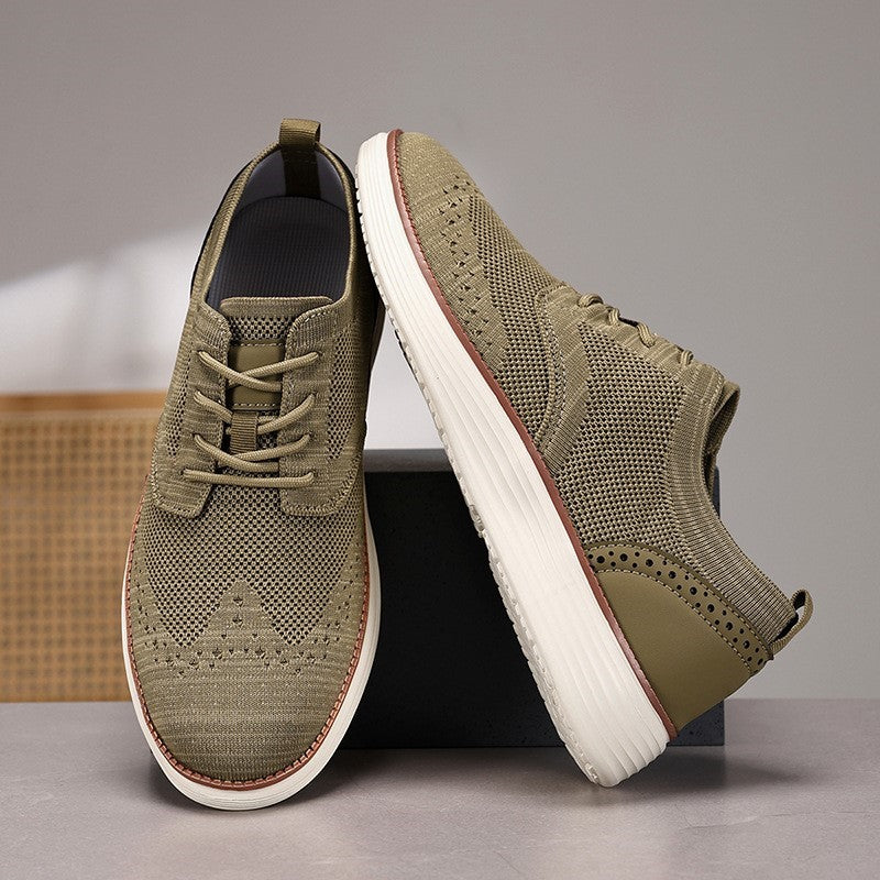 Breathable knit upper on supportive unisex everyday wear sneakers, highlighting airy design.