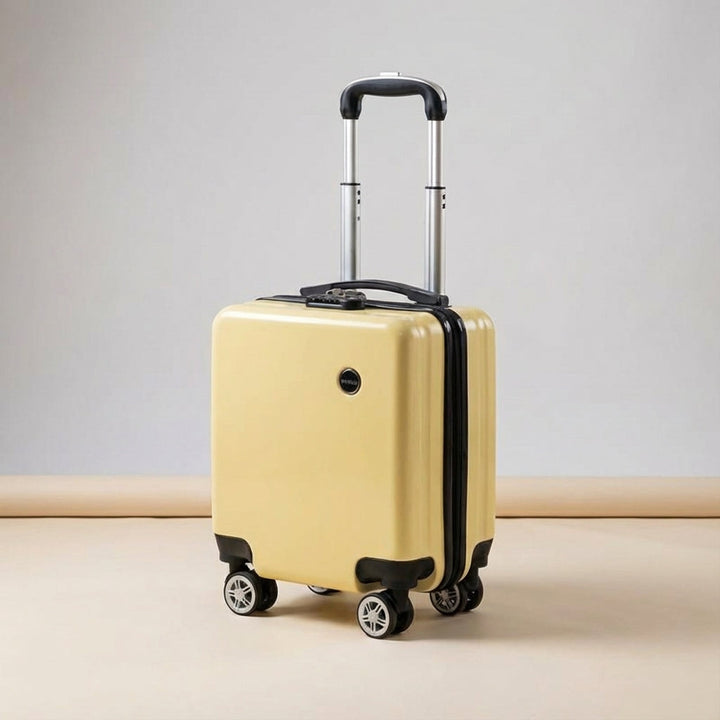 Modern lightweight carry-on suitcase with spinner wheels, ideal for cabin use and easy portability.