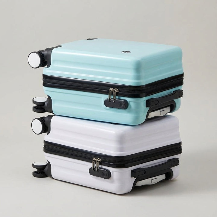 Dark green lightweight carry-on suitcase. Durable travel bag with smooth spinner wheels for easy travel.