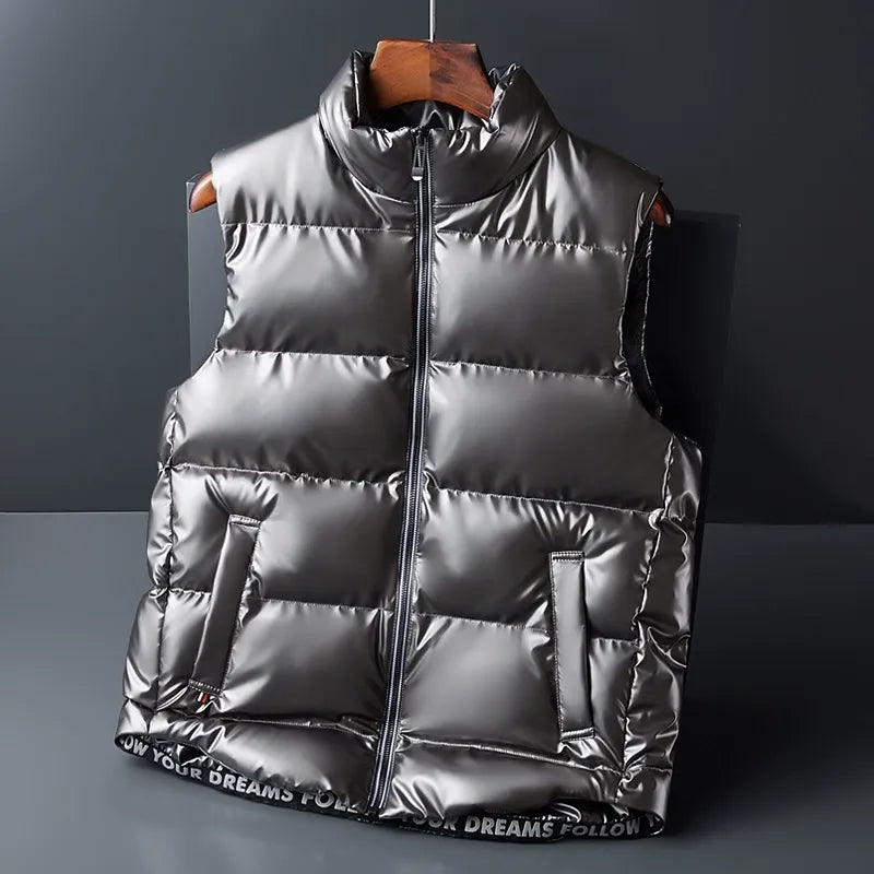 Warm unisex down vest for cold weather. Lightweight sleeveless jacket, perfect winter outerwear.