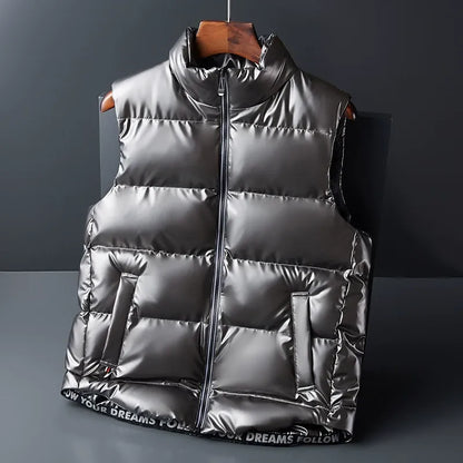 Warm unisex down vest for cold weather. Lightweight sleeveless jacket, perfect winter outerwear.