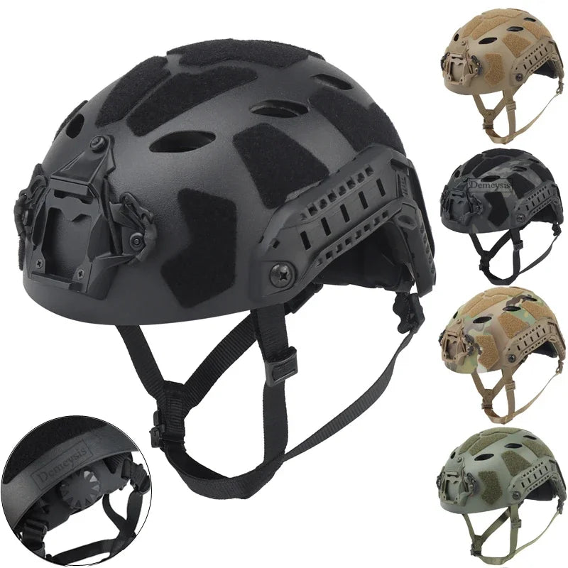 Unisex lightweight FAST tactical helmet with NVG mount, side rails, desert tan finish, for airsoft & paintball protective gear.