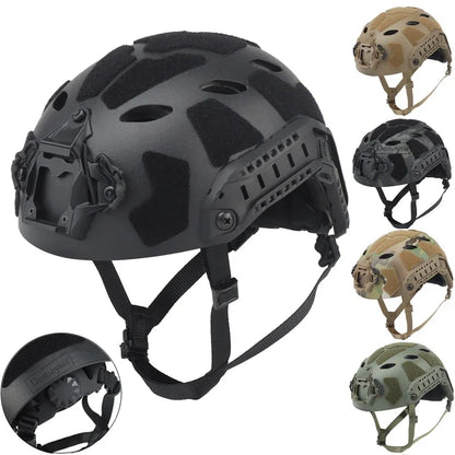 Unisex lightweight FAST tactical helmet with NVG mount, side rails, desert tan finish, for airsoft & paintball protective gear.