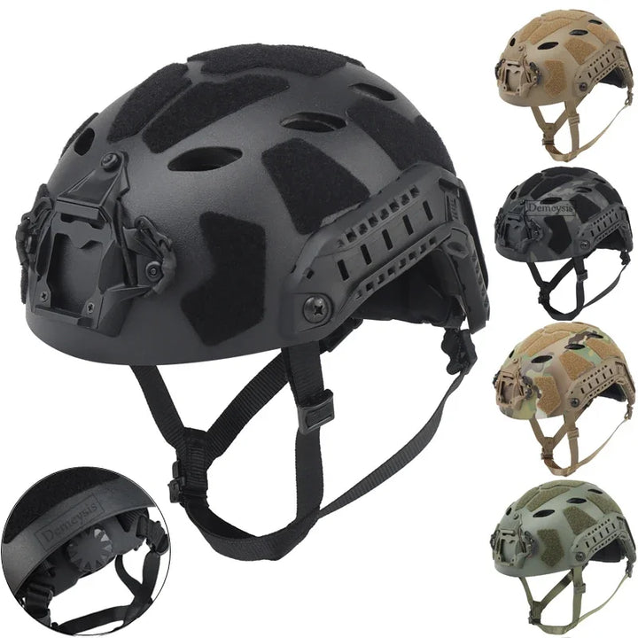 Unisex lightweight FAST tactical helmet with NVG mount, side rails, desert tan finish, for airsoft & paintball protective gear.