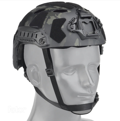 Adjustable FAST airsoft helmet in black, with prominent NVG mount and side rails, offering superior head protection.