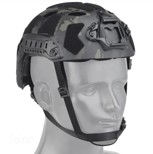 Adjustable FAST airsoft helmet in black, with prominent NVG mount and side rails, offering superior head protection.