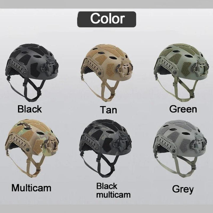 Lightweight FAST helmet, blue variant, with robust NVG mount and integrated side rails for tactical paintball gear.