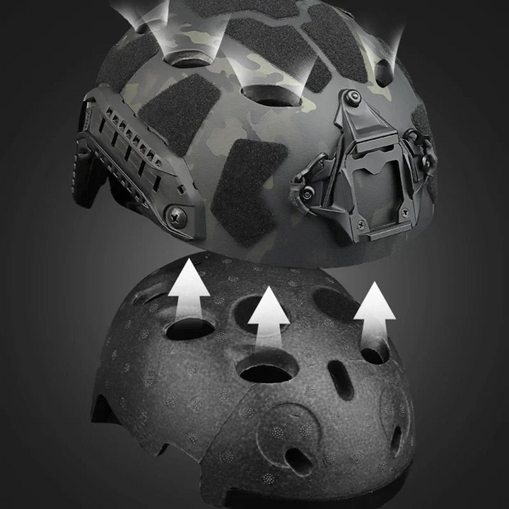 Black FAST helmet, military-style, with NVG mount and side rails for tactical outdoor sports and combat scenarios.