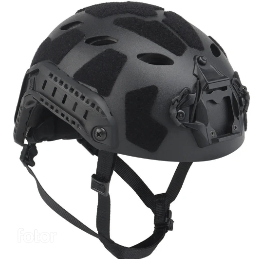 Side view of a coyote brown FAST airsoft helmet, highlighting durable side rails for accessories.