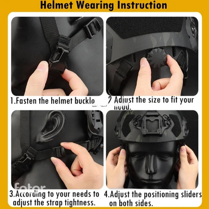 Front view of a tactical FAST helmet, showcasing the robust NVG mount, essential military-style protective gear.