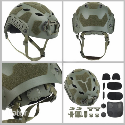 Unisex FAST helmet, designed for airsoft & paintball, featuring ventilation and side rails for comfort and utility.