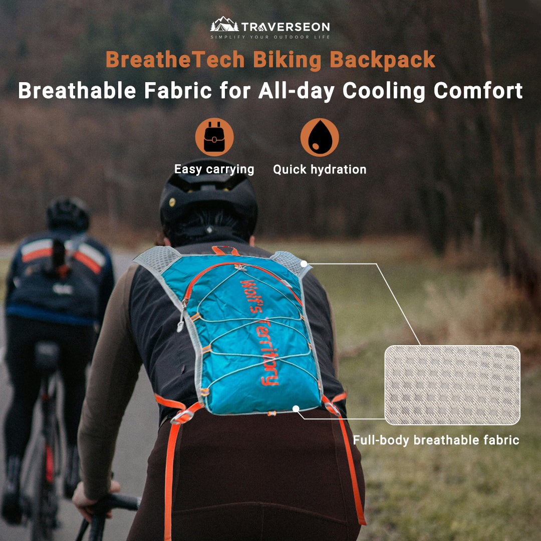 Front view of black hiking & cycling backpack, lightweight design with reflective accents for safety.