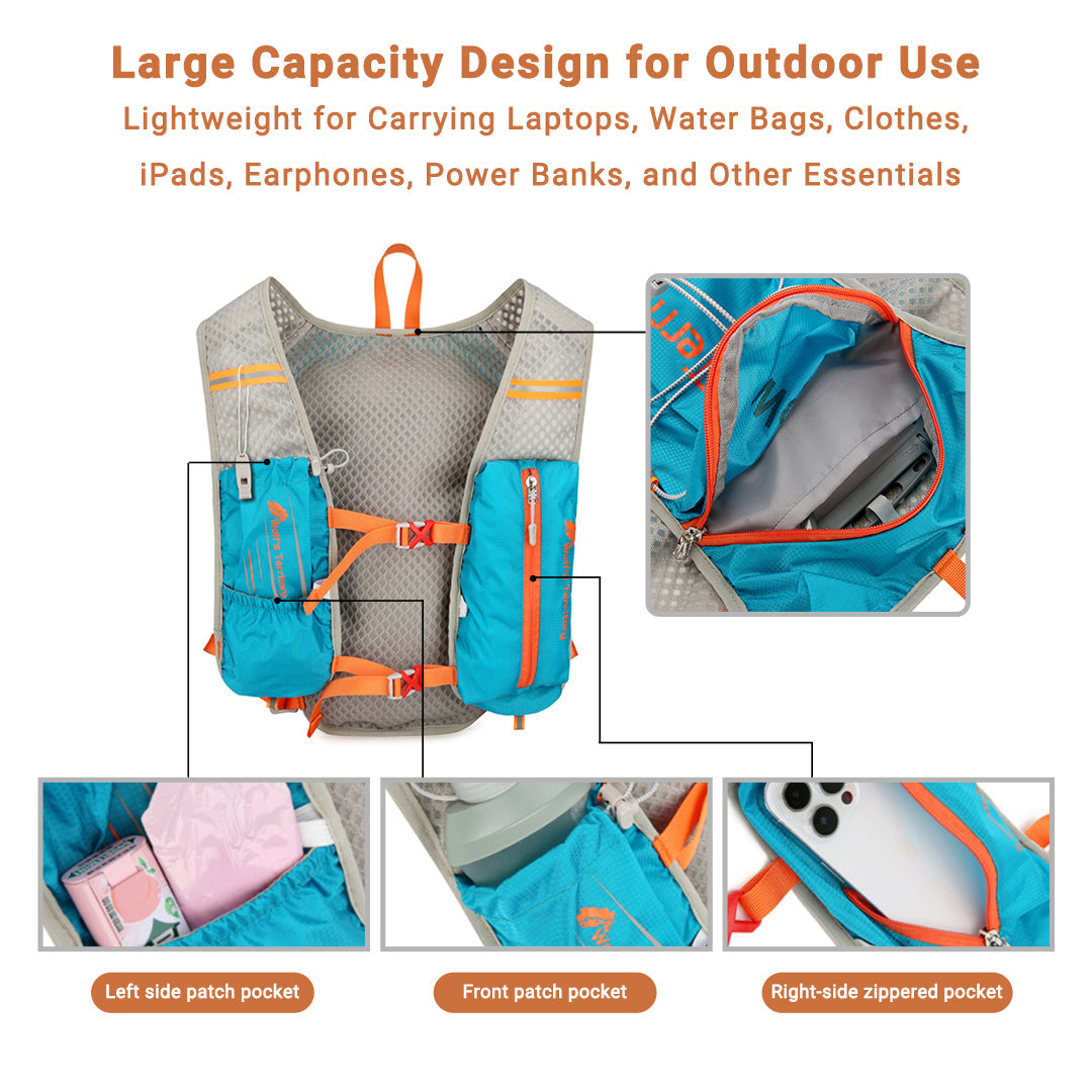 Side view of modern unisex hiking backpack, showcasing durable fabric and lightweight construction.
