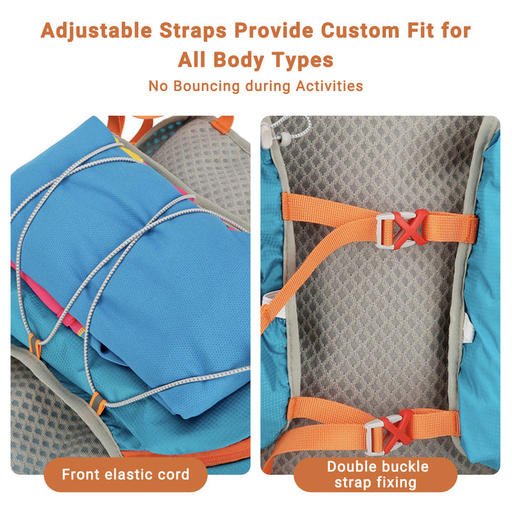 Adjustable straps on a unisex lightweight hiking & cycling backpack for comfortable fit.