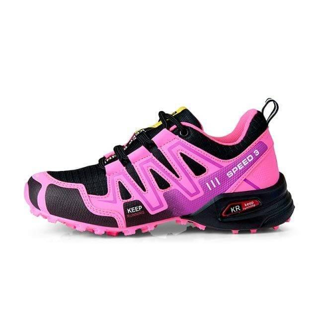 Detail of the breathable mesh upper on unisex lightweight non-slip athletic trail shoes.