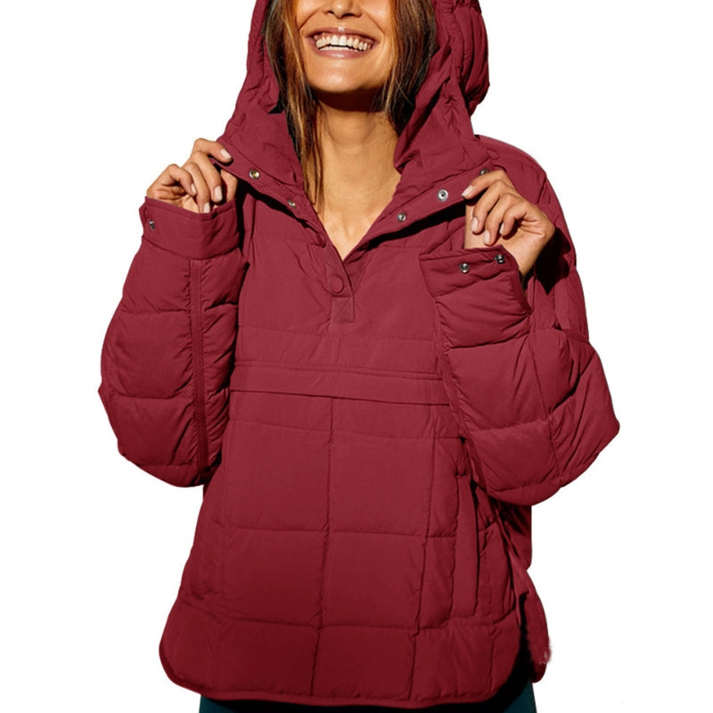 Insulated pullover puffer jacket, ideal lightweight layer for winter outdoor activities.