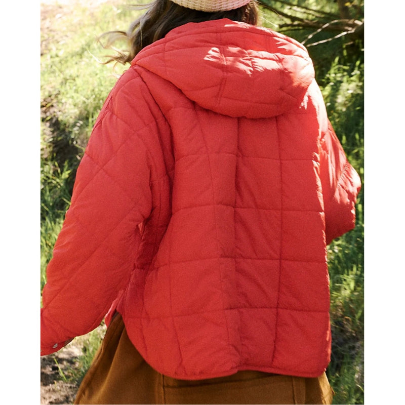 Water-resistant hooded pullover puffer jacket, providing lightweight warmth for outdoor sports.