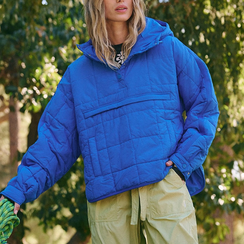 Warm fall/winter pullover puffer jacket, excellent lightweight outdoor wear for men & women.