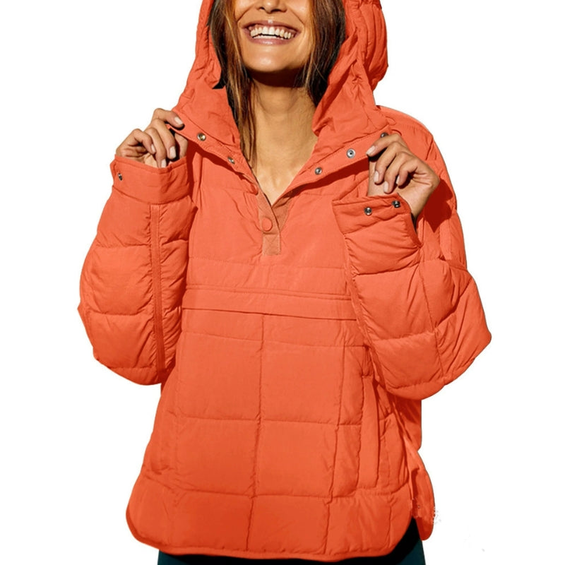 Stylish unisex pullover puffer jacket, offering warmth and a modern lightweight design.