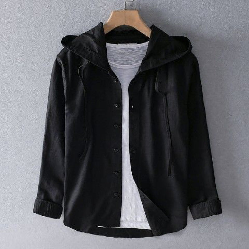 Lightweight pinstripe button-up hoodie for men & women. Comfortable, relaxed fit casual shirt, great for summer layering.