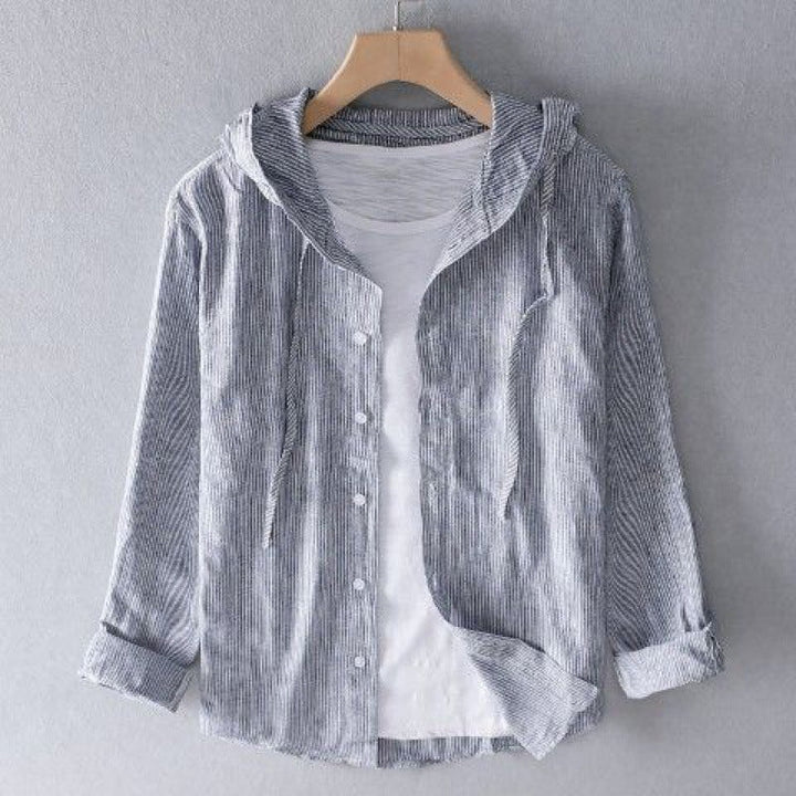 Comfortable unisex button-up hooded shirt with stripes. A lightweight, relaxed fit top, perfect for everyday casual wear.