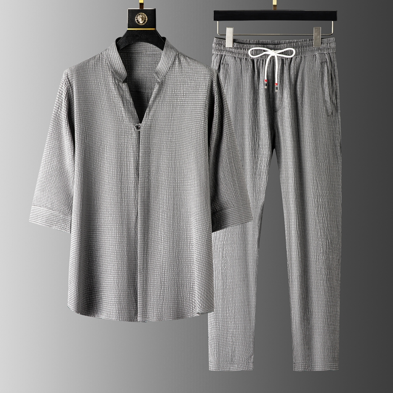 Unisex linen blend matching set for relaxed comfort. Breathable two-piece outfit, perfect for casual summer wear.