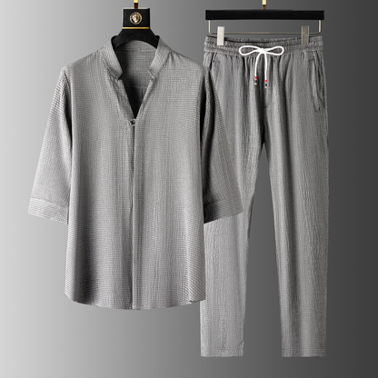 Unisex linen blend matching set for relaxed comfort. Breathable two-piece outfit, perfect for casual summer wear.