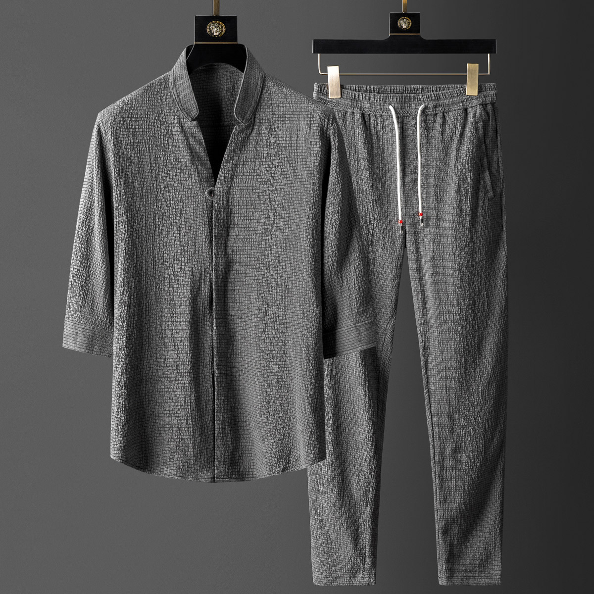 Close-up of the breathable linen blend fabric of the unisex loungewear set. Ultimate comfort for summer clothes.