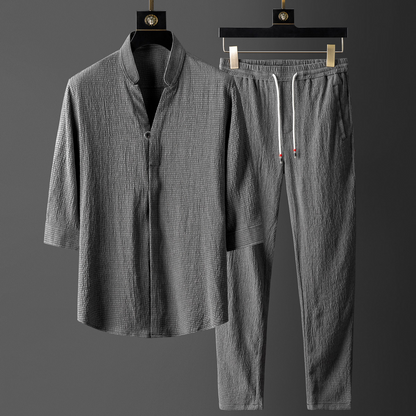 Close-up of the breathable linen blend fabric of the unisex loungewear set. Ultimate comfort for summer clothes.