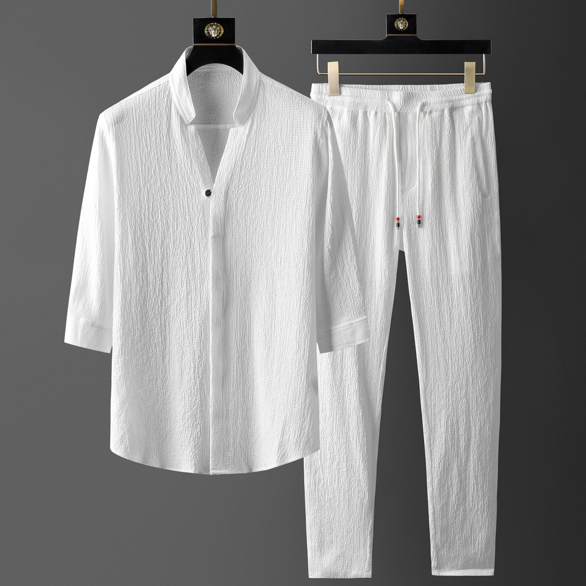 Unisex linen blend loungewear set, a comfortable two-piece outfit with relaxed fit for ultimate relaxation.