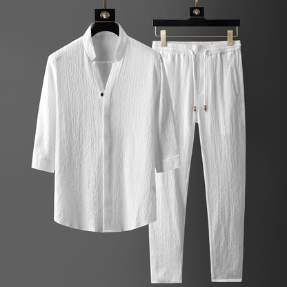 Unisex linen blend loungewear set, a comfortable two-piece outfit with relaxed fit for ultimate relaxation.