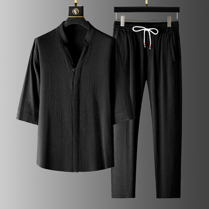 Drawstring pants from the unisex linen blend set, offering a relaxed fit and breathable comfort for casual wear.