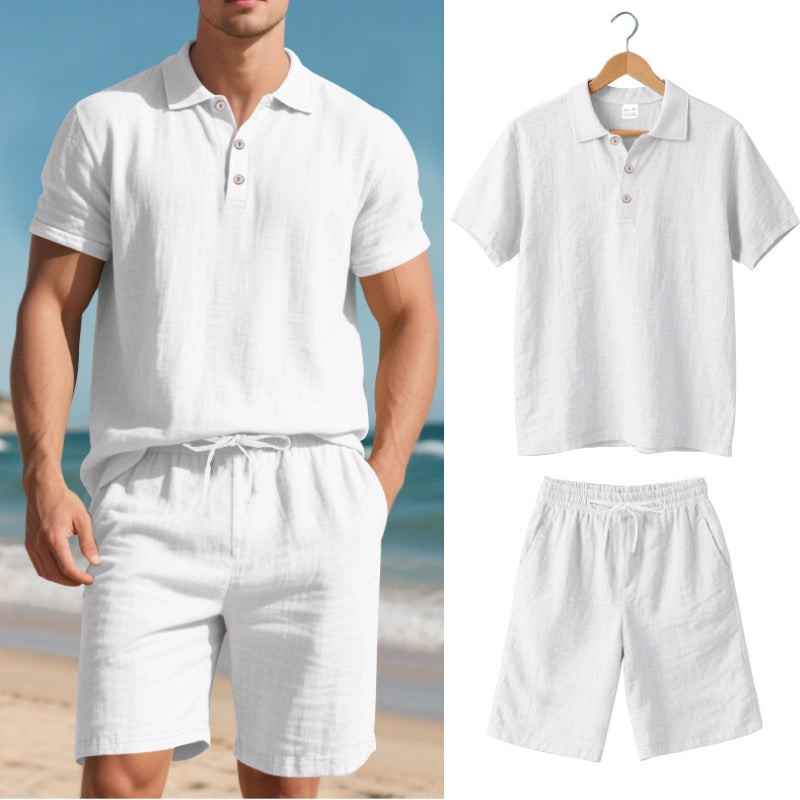 Unisex linen blend polo and shorts two-piece set for summer comfort. Relaxed fit, breathable casual wear.