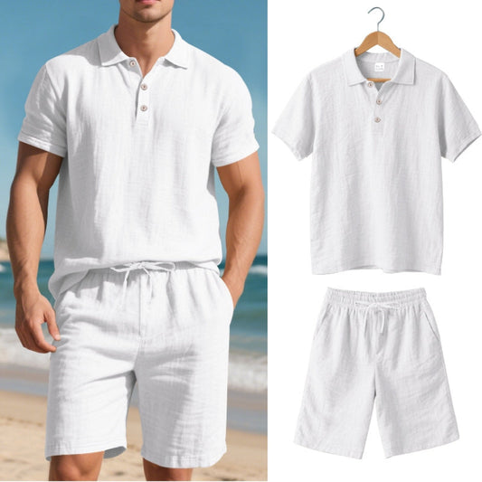 Unisex linen blend polo and shorts two-piece set for summer comfort. Relaxed fit, breathable casual wear.