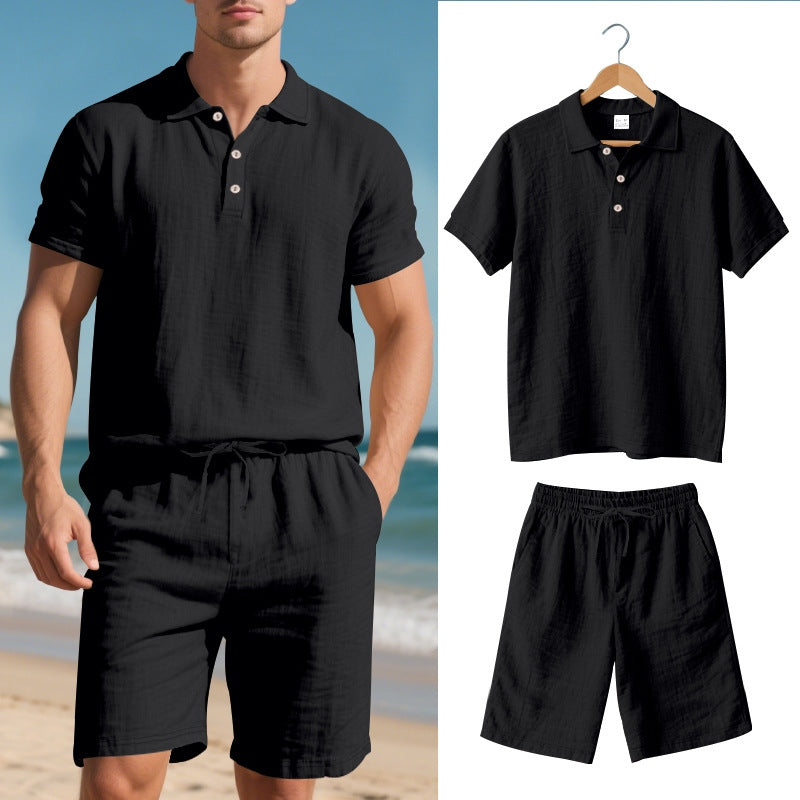Breathable unisex linen blend polo & shorts set, perfect for relaxed summer outfits, resort wear, and comfort.