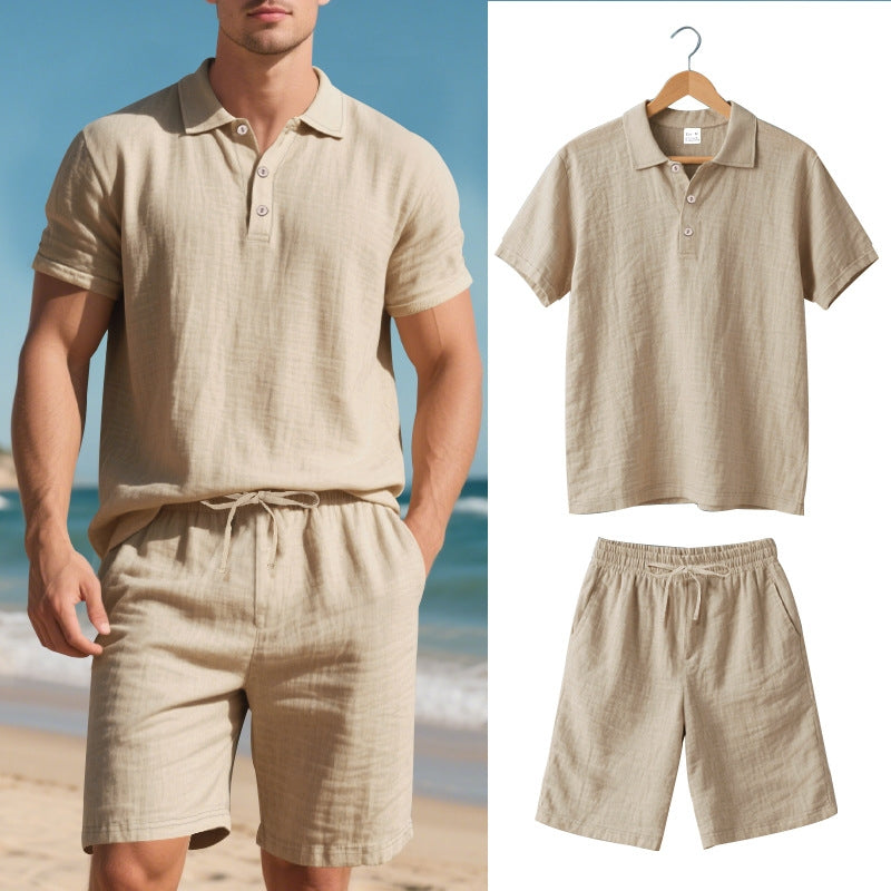 Stylish unisex matching linen blend polo shirt and shorts set in a relaxed fit, ideal for summer casual wear.