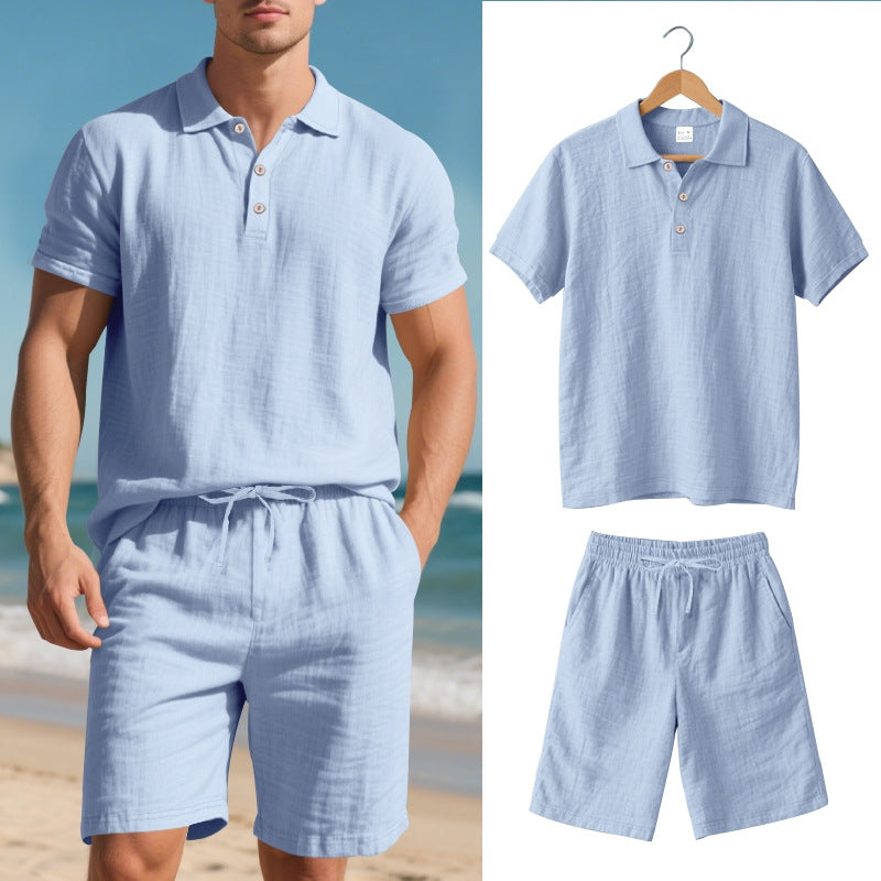 Lightweight linen blend polo two-piece set, offering breathable comfort for unisex summer casual and resort wear.