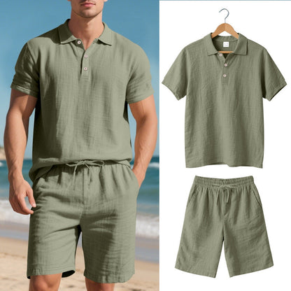 Versatile unisex linen blend polo matching set, great for summer, resort wear, and comfortable everyday style.