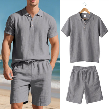 Unisex model in a comfy linen blend polo and shorts two-piece set, perfect for summer casual & resort outings.