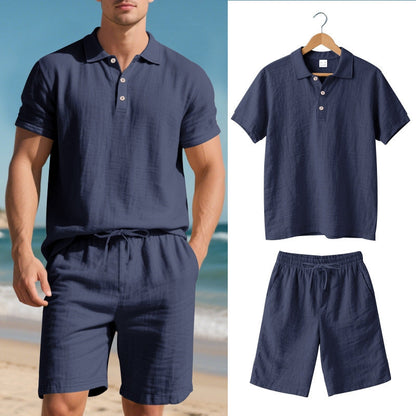 Complete unisex summer outfit: relaxed fit linen blend polo shirt and shorts matching set for ultimate comfort.