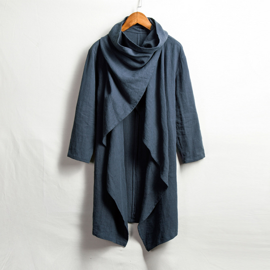 Unisex linen cloak with hood, relaxed fit. Effortless style, perfect for layering.