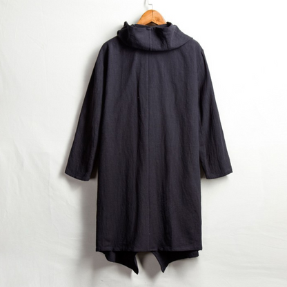 Soft linen hooded cloak, unisex. Draped relaxed fit, comfortable and stylish outerwear.
