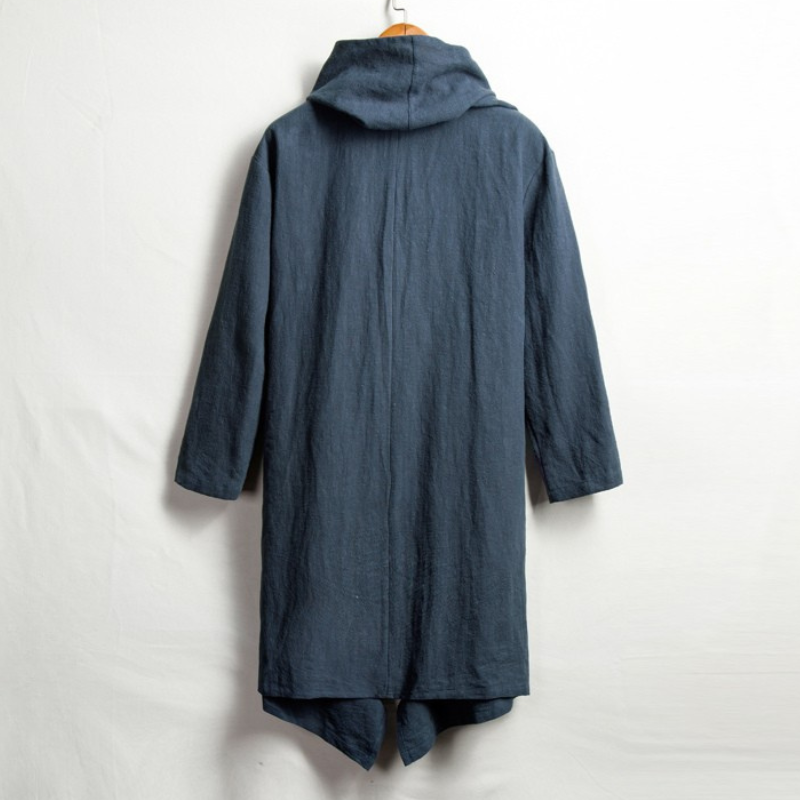 Draped linen cloak with hood, unisex design. Comfortable and versatile outerwear.