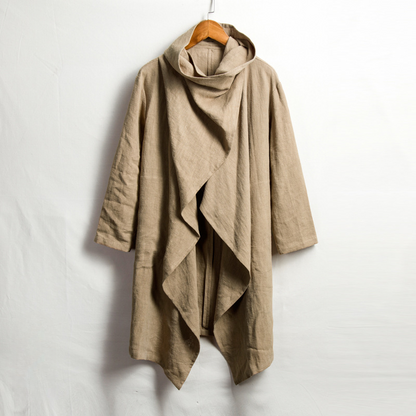 Japanese-inspired hooded linen cloak. Boho style, relaxed fit, comfortable layering piece.