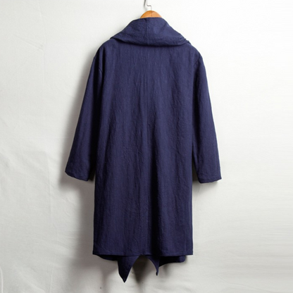 Comfortable hooded linen cloak for layering. Unisex, draped design, relaxed and stylish.