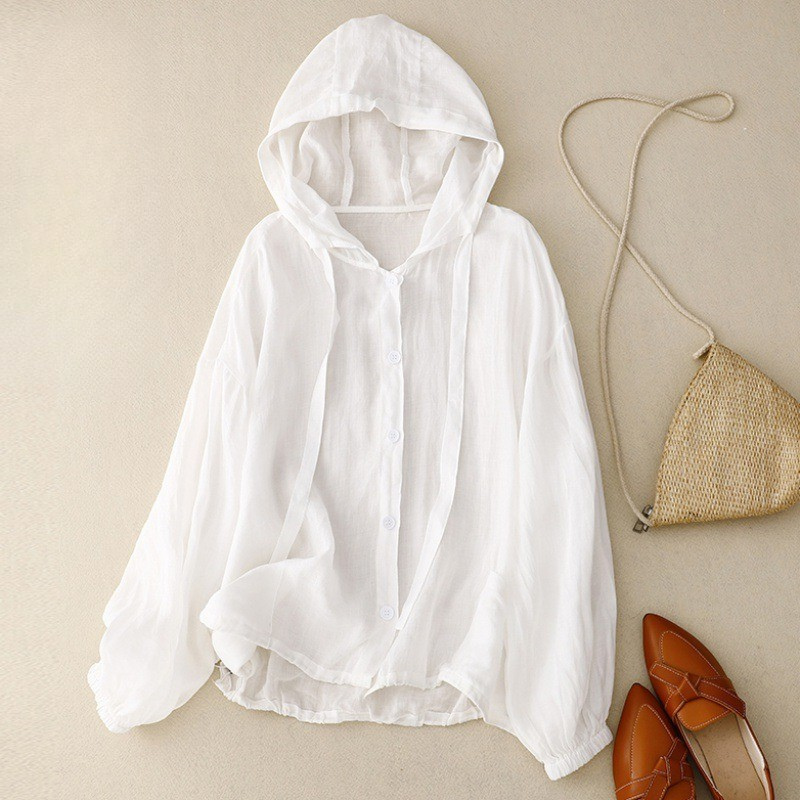 Unisex hooded linen shirt, offering breathable comfort & lightweight feel. Essential summer beachwear for a relaxed look.