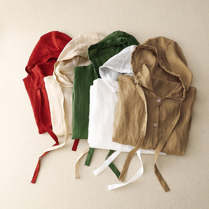 Relaxed fit unisex linen hooded shirt. Lightweight and breathable, perfect for summer casual wear and beach layering.