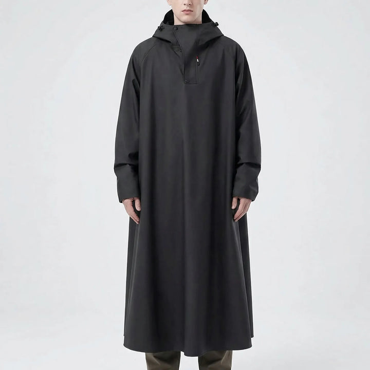 Protective unisex long hooded riding rain jacket for motorcycle commutes. Waterproof and windproof for wet weather.