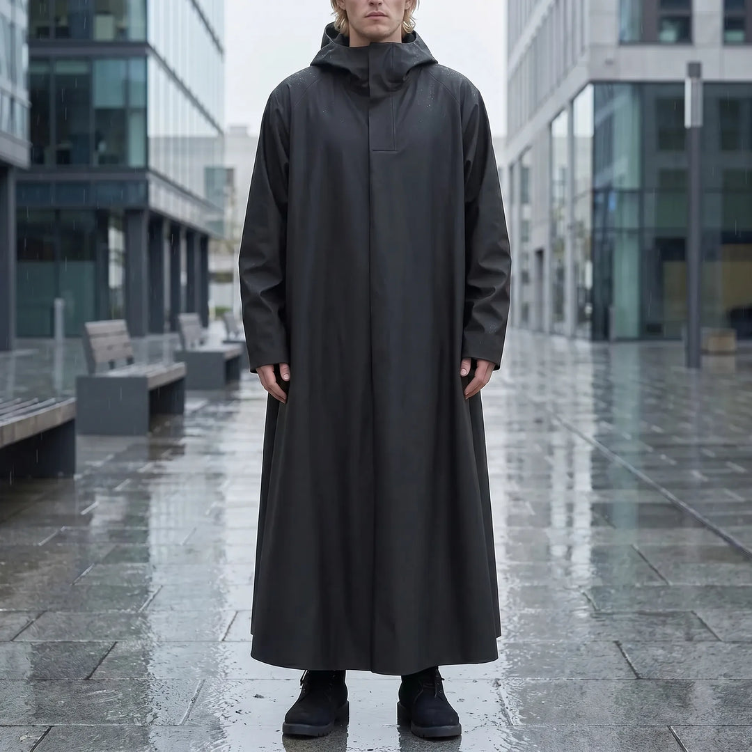 Full-length unisex hooded rain jacket offering complete protection for all-weather riding. Durable waterproof commuter gear.